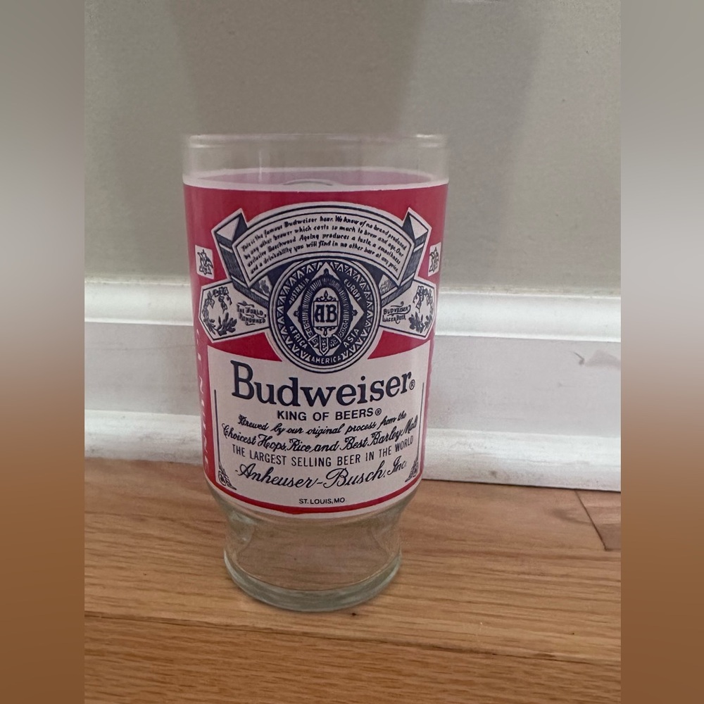 Budweiser Clear Glass Bottle with Red and White Label Short